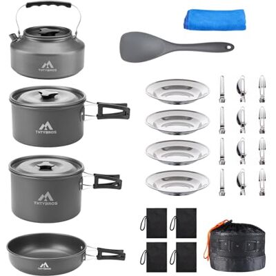 THTYBROS 27-delig campingkookgerei voor 2-4 personen, draagbare kookset met waterkoker, potten en pannen, roestvrijstalen bestek, borden en servies voor THTYBROS 27-delig campingkookgerei voor 2-4 personen, draagbare kookset met waterkoker, potten en pannen, roestvrijstalen bestek, borden en servies voor