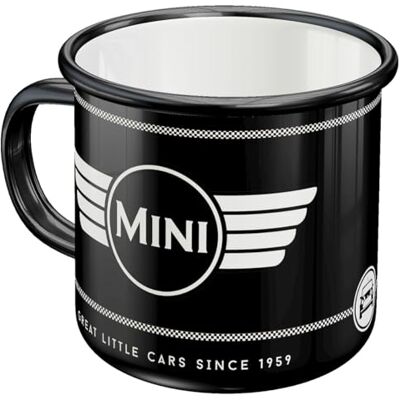 Retro emaille mok, 360 ml, mini zwart logo cadeau-idee voor Mini Cooper-fans, officieel gelicentieerd product (OLP), campingbeker, vintage design Retro emaille mok, 360 ml, mini zwart logo cadeau-idee voor Mini Cooper-fans, officieel gelicentieerd product (OLP), campingbeker, vintage design