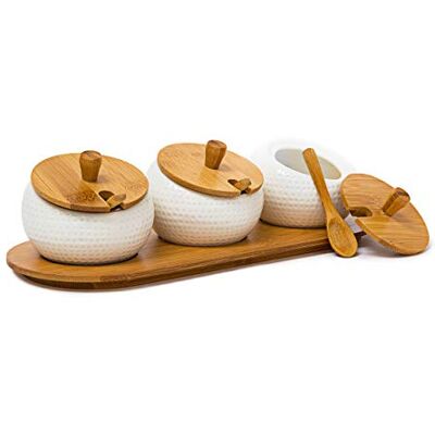 Relaxdays 3 JIAO keramische kruidenpotjes huisvrouw bamboedeksel en -dienblad eettafel accessoire met Aziatische stijl bamboelepels, natuurlijke kleur, hout (bruin) Relaxdays 3 JIAO keramische kruidenpotjes huisvrouw bamboedeksel en -dienblad eettafel accessoire met Aziatische stijl bamboelepels, natuurlijke kleur, hout (bruin)