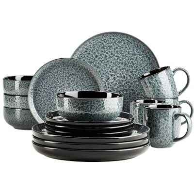 MÄSER 934110 Serie Filippa Keramisch tafelservies voor 4 personen, modern 16-delig combiservies; borden, kommen en bekers met reactieve lak in groen en zwart, aardewerk, MÄSER 934110 Serie Filippa Keramisch tafelservies voor 4 personen, modern 16-delig combiservies; borden, kommen en bekers met reactieve lak in groen en zwart, aardewerk,