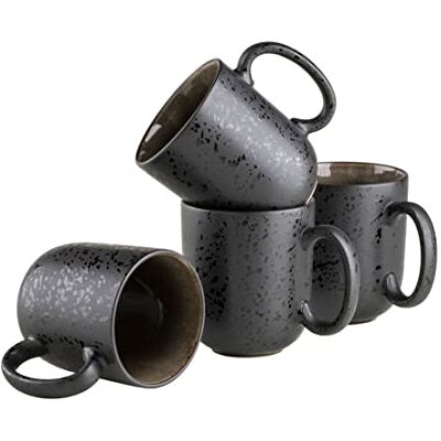 MÄSER Serie Niara 465 Set van 4 moderne koffiekopjes met spannend vintage glazuur, grote keramische koffiekopjes, zandsteen, grijs/zwart MÄSER Serie Niara 465 Set van 4 moderne koffiekopjes met spannend vintage glazuur, grote keramische koffiekopjes, zandsteen, grijs/zwart