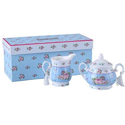 London Boutique Porseleinen theepot met theepot, suikerpot en melkkan vintage shabby chic stijl bloemen in geschenkdoos (crème en blauwe roze suiker) London Boutique Porseleinen theepot met theepot, suikerpot en melkkan vintage shabby chic stijl bloemen in geschenkdoos (crème en blauwe roze suiker)