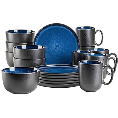 MÄSER 931971 serie Niara, modern serviesset voor 6 personen in spannende vintage look, 18-delig ontbijtservies van keramiek in blauw en zwart, steengoed MÄSER 931971 serie Niara, modern serviesset voor 6 personen in spannende vintage look, 18-delig ontbijtservies van keramiek in blauw en zwart, steengoed