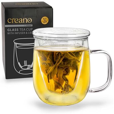 Creano theeglas 450 ml grote theemok met zeef en glazen deksel een ideale theepot Creano theeglas 450 ml grote theemok met zeef en glazen deksel een ideale theepot