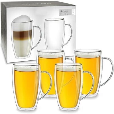 Creano Theeglas, koffieglas, dubbelwandig, thermisch glas, met handvat, groot, van borosilicaatglas, 4 x 250 ml Creano Theeglas, koffieglas, dubbelwandig, thermisch glas, met handvat, groot, van borosilicaatglas, 4 x 250 ml