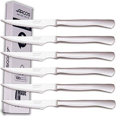 Arcos Vleesmessen, set van 6 stuks, vleesmes, koteletmessen, bestek van roestvrij staal, lemmet 110 mm, monoblokgreep, vaatwasmachinebestendig, ecologische verpakkingsdoos Arcos Vleesmessen, set van 6 stuks, vleesmes, koteletmessen, bestek van roestvrij staal, lemmet 110 mm, monoblokgreep, vaatwasmachinebestendig, ecologische verpakkingsdoos