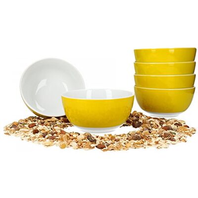 VAN WELL Vario Set van 6 mueslikommen, kommenset voor 6 personen, diepe soepkom 14 cm, porseleinen servies wit en buiten geel, slakom magnetronbestendig VAN WELL Vario Set van 6 mueslikommen, kommenset voor 6 personen, diepe soepkom 14 cm, porseleinen servies wit en buiten geel, slakom magnetronbestendig