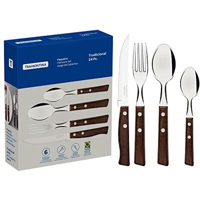 Tramontina 22299050 Bestekset met steakmessen, 24-delig, scherp mes, vorken, theelepels, soeplepels met houten handgrepen, voor camping, keuken, rustiek, 22299050 Tramontina 22299050 Bestekset met steakmessen, 24-delig, scherp mes, vorken, theelepels, soeplepels met houten handgrepen, voor camping, keuken, rustiek, 22299050