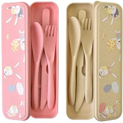 Jiayaus Set van 2 reisbestek met etui messen, vorken, lepels en eetstokjes, herbruikbare kunststof reisbestekhouder, draagbaar bestek (roze + beige) Jiayaus Set van 2 reisbestek met etui messen, vorken, lepels en eetstokjes, herbruikbare kunststof reisbestekhouder, draagbaar bestek (roze + beige)