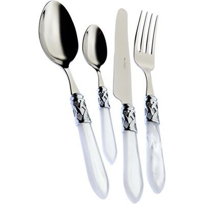 BUGATTI , Aladdin, Bestekset van 24 roestvrij staal 18/10, verchroomde ring en wit handvat met parelmoer-effect. Set voor 6 personen: 6 lepels, 6 vorken, 6 messen en 6 theelepels BUGATTI , Aladdin, Bestekset van 24 roestvrij staal 18/10, verchroomde ring en wit handvat met parelmoer-effect. Set voor 6 personen: 6 lepels, 6 vorken, 6 messen en 6 theelepels
