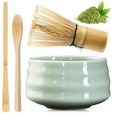 HOSPAOP Matcha-theeset met matcha-garde, keramische matcha-kom, 2 theelepels, Japanse accessoires voor de matcha-ceremonie, perfecte set voor de bereiding HOSPAOP Matcha-theeset met matcha-garde, keramische matcha-kom, 2 theelepels, Japanse accessoires voor de matcha-ceremonie, perfecte set voor de bereiding