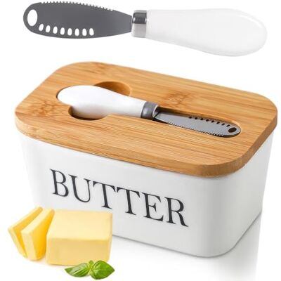 POWZOO Botervloot met houten deksel, met multifunctioneel botermes, servies voor 250 g boter, boterbel, vintage porselein, voor thuis en keuken, goed keukencadeau POWZOO Botervloot met houten deksel, met multifunctioneel botermes, servies voor 250 g boter, boterbel, vintage porselein, voor thuis en keuken, goed keukencadeau