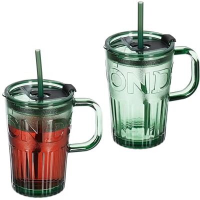Relaxdays Set van 2 drinkglazen met deksel, rietje en handvat, 450 ml, groen Relaxdays Set van 2 drinkglazen met deksel, rietje en handvat, 450 ml, groen