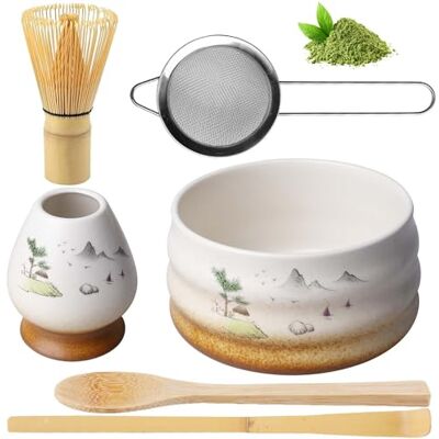 BAIFULAI 6-delige matcha-theeset, Japanse theeset, garde, matcha-kom, keramiek, theelepel, gardehouder, Japanse accessoires voor matcha-ceremonie BAIFULAI 6-delige matcha-theeset, Japanse theeset, garde, matcha-kom, keramiek, theelepel, gardehouder, Japanse accessoires voor matcha-ceremonie