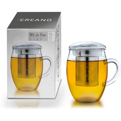 Creano Alles-in-één theeglas van 400 ml, grote theemok met roestvrijstalen zeefje en glazen deksel, in aantrekkelijke geschenkverpakking, 1 x 400 ml Creano Alles-in-één theeglas van 400 ml, grote theemok met roestvrijstalen zeefje en glazen deksel, in aantrekkelijke geschenkverpakking, 1 x 400 ml