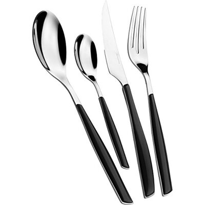 BUGATTI , Glamour, Bestekset van 24 roestvrij staal 18/10 en handvat in pianozwarte kleur. Bestekset voor 6 personen: 6 lepels, 6 vorken, 6 messen en 6 theelepels BUGATTI , Glamour, Bestekset van 24 roestvrij staal 18/10 en handvat in pianozwarte kleur. Bestekset voor 6 personen: 6 lepels, 6 vorken, 6 messen en 6 theelepels