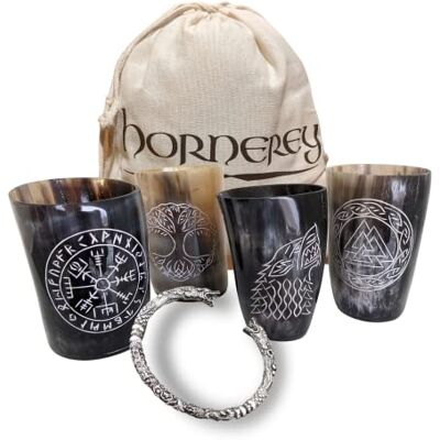Hornerey Set van 6 hoornbekers "Viking" Viking drinkhoorn buffelhoorn 200 ml 4 drinkhoornbekers + armband + tas zwart Hornerey Set van 6 hoornbekers "Viking" Viking drinkhoorn buffelhoorn 200 ml 4 drinkhoornbekers + armband + tas zwart