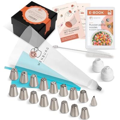Wenburg 43-delige set spuitmonden: 16 grote Russische spuitmonden, 1 opzetstuk voor bladeren, adapter, 20 wegwerpspuitzakken, siliconen spuitzak. Professionele bakset voor cake, cupcake-decoratie (bloemen II) Wenburg 43-delige set spuitmonden: 16 grote Russische spuitmonden, 1 opzetstuk voor bladeren, adapter, 20 wegwerpspuitzakken, siliconen spuitzak. Professionele bakset voor cake, cupcake-decoratie (bloemen II)