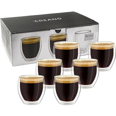 Creano Set van 6 dubbelwandige espressoglazen 80 ml Borosilicaat thermokopjes voor mokka zwevend optisch effect compact design Creano Set van 6 dubbelwandige espressoglazen 80 ml Borosilicaat thermokopjes voor mokka zwevend optisch effect compact design