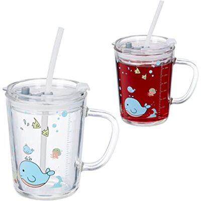 Relaxdays Set van 2 kinderglazen, walvismotief, met handvat, deksel en rietje, 400 ml schaal, transparant, 12 x 12,5 x 9,5 cm Relaxdays Set van 2 kinderglazen, walvismotief, met handvat, deksel en rietje, 400 ml schaal, transparant, 12 x 12,5 x 9,5 cm