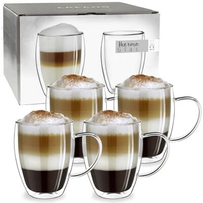 Creano Theeglas, koffieglas, latteglas, dubbelwandig, thermisch glas, met handvat, groot, van borosilicaatglas, 4 x 400 ml Creano Theeglas, koffieglas, latteglas, dubbelwandig, thermisch glas, met handvat, groot, van borosilicaatglas, 4 x 400 ml