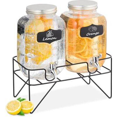 Relaxdays Drankdispenser met standaard, 2 limonadecontainers van elk 4 liter, kunststof kraan, glazen waterdispenser, transparant Relaxdays Drankdispenser met standaard, 2 limonadecontainers van elk 4 liter, kunststof kraan, glazen waterdispenser, transparant