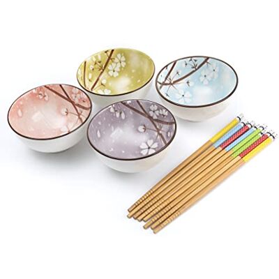 lachineuse Set van 4 kommen Japanse kersenbloesem Sakura ø 11cm Rijstkommen, Poke Bowl, Ontbijt, Aperitief & Soep 4 Paar Stokjes Japanse Aziatische Kom Cadeau servies lachineuse Set van 4 kommen Japanse kersenbloesem Sakura ø 11cm Rijstkommen, Poke Bowl, Ontbijt, Aperitief & Soep 4 Paar Stokjes Japanse Aziatische Kom Cadeau servies