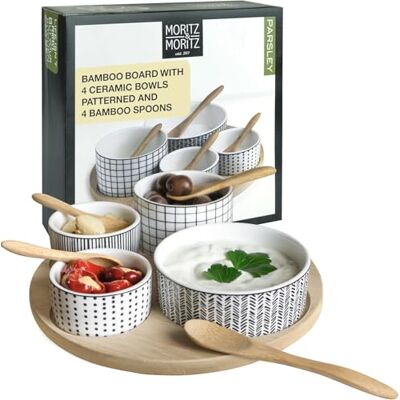 Moritz & Moritz Parsley 9-delige set voor tapas, voorgerechten, dips, keramische kommen, serveerschaal, bamboelepel Moritz & Moritz Parsley 9-delige set voor tapas, voorgerechten, dips, keramische kommen, serveerschaal, bamboelepel