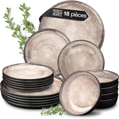 Moritz & Moritz Vida 18-delig tafelservies, porseleinen bordenset voor 6 personen, keramiek, 6 eetborden, 6 soepborden, 6 ontbijtborden, zwart beige Moritz & Moritz Vida 18-delig tafelservies, porseleinen bordenset voor 6 personen, keramiek, 6 eetborden, 6 soepborden, 6 ontbijtborden, zwart beige
