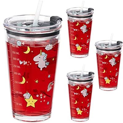Relaxdays Set van 4 kinderglazen Eenhoorn motief Met deksel en rietje 450 ml schaal Transparant Relaxdays Set van 4 kinderglazen Eenhoorn motief Met deksel en rietje 450 ml schaal Transparant