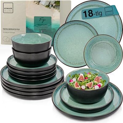Sänger Fiji Value Collection Servies van aardewerk, 18-delig servies voor 6 personen, 6 platte borden, 6 mueslikommen, 6 dessertborden, donkergroen servies Sänger Fiji Value Collection Servies van aardewerk, 18-delig servies voor 6 personen, 6 platte borden, 6 mueslikommen, 6 dessertborden, donkergroen servies