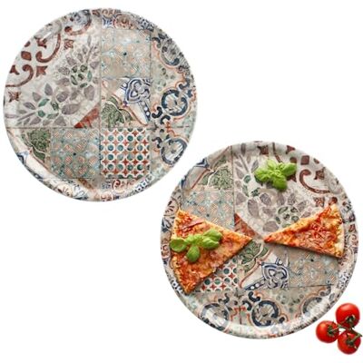 MamboCat Alcazar pizzaborden, 2 stuks, Ø 33 cm, voor 2 personen, grote pizzaborden van porselein met mediterrane tegellook, voor pizza of om te serveren, borden MamboCat Alcazar pizzaborden, 2 stuks, Ø 33 cm, voor 2 personen, grote pizzaborden van porselein met mediterrane tegellook, voor pizza of om te serveren, borden