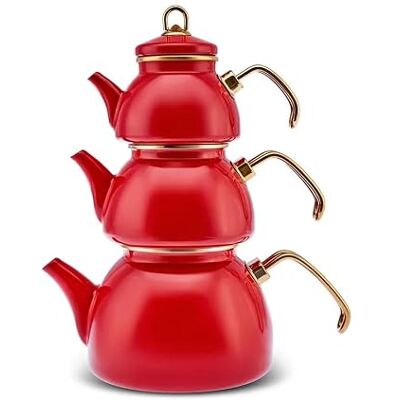 KARACA Emaye Retro theepotten, set van 3 stuks, rood, hoogwaardige emaille theepot voor stijlvolle, nostalgische avonden, inhoud 0,50 l, 1,1 l en 2,3 liter KARACA Emaye Retro theepotten, set van 3 stuks, rood, hoogwaardige emaille theepot voor stijlvolle, nostalgische avonden, inhoud 0,50 l, 1,1 l en 2,3 liter