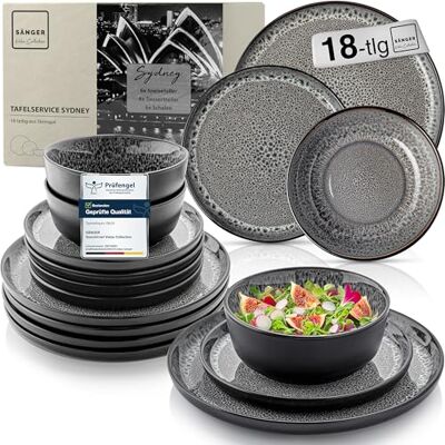Sänger Sydney Aardewerk servies 18-delig voor 6 personen, 6 platte borden, 6 mueslikommen, 6 dessertborden, krasbestendig, donkergrijs, VALUE COLLECTION Sänger Sydney Aardewerk servies 18-delig voor 6 personen, 6 platte borden, 6 mueslikommen, 6 dessertborden, krasbestendig, donkergrijs, VALUE COLLECTION