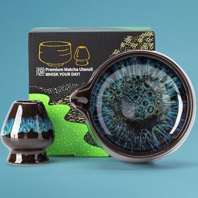 TEANAGOO Set van 2 matcha-kommen met keramische schenktuit van 510 ml en gardehouder, matcha chawan blauw met standaard, mengkom voor groene thee, cadeau voor vriend/familie TEANAGOO Set van 2 matcha-kommen met keramische schenktuit van 510 ml en gardehouder, matcha chawan blauw met standaard, mengkom voor groene thee, cadeau voor vriend/familie