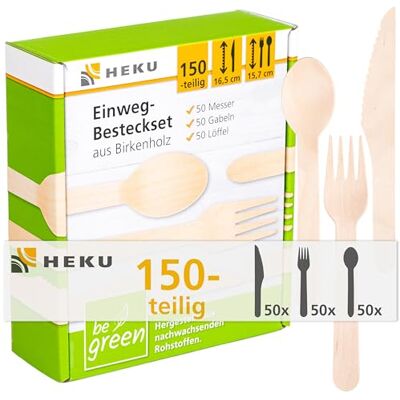 Heku be green 150-delige wegwerpbestekset van berkenhout 50 messen (16,5 cm), 50 vorken, 50 lepels (15,7 cm) I composteerbaar I gemaakt van hernieuwbare grondstoffen en Heku be green 150-delige wegwerpbestekset van berkenhout 50 messen (16,5 cm), 50 vorken, 50 lepels (15,7 cm) I composteerbaar I gemaakt van hernieuwbare grondstoffen en