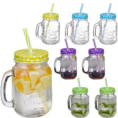 Relaxdays Glazen met rietje en deksel, 8-delige set, inhoud: 400 ml, retro design, glas met handvat, meerkleurig Relaxdays Glazen met rietje en deksel, 8-delige set, inhoud: 400 ml, retro design, glas met handvat, meerkleurig