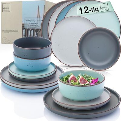 Sänger Bombay Sky Shades Aardewerk servies voor 4 personen, 4 platte borden, 4 dessertborden, 4 kommen, 4 kleurrijke borden, Value collectie Sänger Bombay Sky Shades Aardewerk servies voor 4 personen, 4 platte borden, 4 dessertborden, 4 kommen, 4 kleurrijke borden, Value collectie