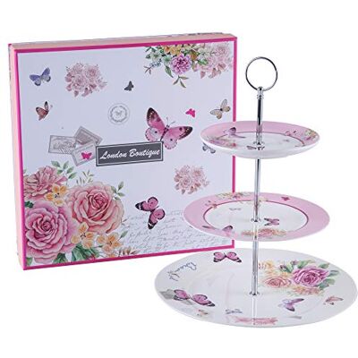 London Boutique Taartstandaard, 3 etages, porselein, vlindermotief, shabby chique, in geschenkdoos London Boutique Taartstandaard, 3 etages, porselein, vlindermotief, shabby chique, in geschenkdoos
