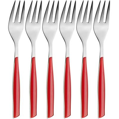 BUGATTI , Glamour, 6 stuks dessertvorken van roestvrij staal 18/10 en rood handvat, verpakt in geschenkdoos, vaatwasmachinebestendig BUGATTI , Glamour, 6 stuks dessertvorken van roestvrij staal 18/10 en rood handvat, verpakt in geschenkdoos, vaatwasmachinebestendig