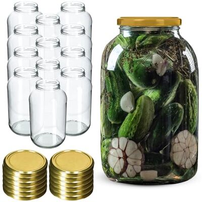 KADAX Set van 12 glazen potten 4 l met schroefdeksel, fi100 mm, voor augurken, kombucha, kimchi, potten met brede opening voor conserveren, gisting (goud) KADAX Set van 12 glazen potten 4 l met schroefdeksel, fi100 mm, voor augurken, kombucha, kimchi, potten met brede opening voor conserveren, gisting (goud)