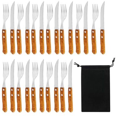 HOMURY 24-delige steakbestekset voor 12 personen, steakmessen, messen en vorken, steakmessen en steakvorken, steakbestek van staal en hout (retro bruin) HOMURY 24-delige steakbestekset voor 12 personen, steakmessen, messen en vorken, steakmessen en steakvorken, steakbestek van staal en hout (retro bruin)