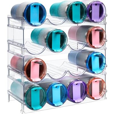 KAHEIGN Set van 4 waterfles-organizer, 39 cm x 21 cm, stapelbaar, van transparante kunststof voor koelkast, keukenkast, voorraadkast, wijnflessen, mok (kan 16 KAHEIGN Set van 4 waterfles-organizer, 39 cm x 21 cm, stapelbaar, van transparante kunststof voor koelkast, keukenkast, voorraadkast, wijnflessen, mok (kan 16