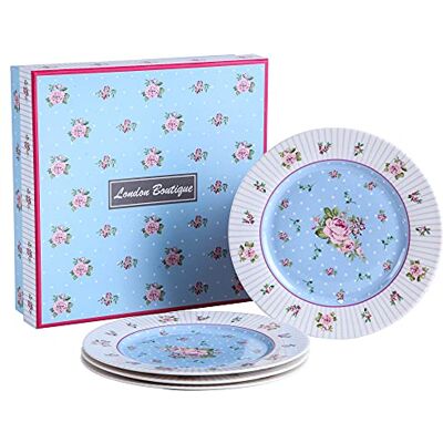 London Boutique Set van 4 taartborden van fijn porselein met brede rand, shabby chique, blauw roze London Boutique Set van 4 taartborden van fijn porselein met brede rand, shabby chique, blauw roze