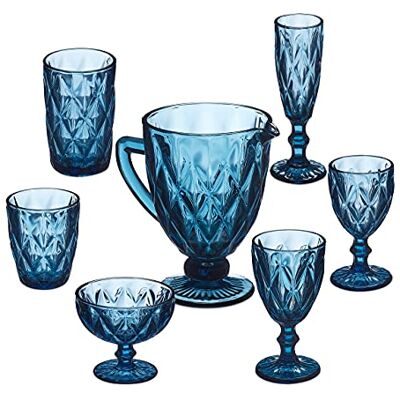 Relaxdays Set van 7 glazen, kan, ijskom, 2 water- en wijnbekers, vaatwasmachinebestendig, blauw Relaxdays Set van 7 glazen, kan, ijskom, 2 water- en wijnbekers, vaatwasmachinebestendig, blauw