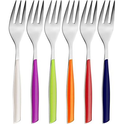 BUGATTI , Glamour, 6 stuks dessertvorken van roestvrij staal 18/10 en handgrepen in gemengde kleuren, ivoor, blauw, iris, groen, oranje, rood, verpakt in een geschenkdoos BUGATTI , Glamour, 6 stuks dessertvorken van roestvrij staal 18/10 en handgrepen in gemengde kleuren, ivoor, blauw, iris, groen, oranje, rood, verpakt in een geschenkdoos