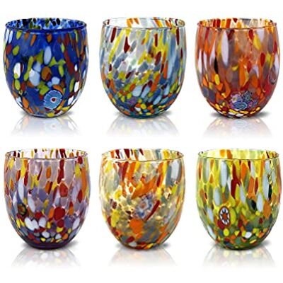 ART 6 waterglazen Goto, geblazen en handgemaakt met geraffineerde en originele Murrine van Murano, de kleuren van Murano, klassiek model, 320 ml, gemaakt in Italië ART 6 waterglazen Goto, geblazen en handgemaakt met geraffineerde en originele Murrine van Murano, de kleuren van Murano, klassiek model, 320 ml, gemaakt in Italië