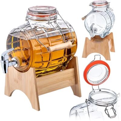 KADAX Vat met kraan, gevelvormige drankdispenser van glas, vat met tapkraan, transparante dispenser met houten onderzetter, alcoholdispenser, ideaal voor whisky, brandy, sappen, limonade (3 liter) KADAX Vat met kraan, gevelvormige drankdispenser van glas, vat met tapkraan, transparante dispenser met houten onderzetter, alcoholdispenser, ideaal voor whisky, brandy, sappen, limonade (3 liter)