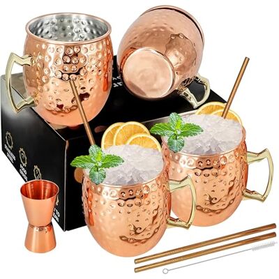 SuproBarware Moscow Mule 4 stuks 540 ml roestvrijstalen cocktailbekers met koperen rietjes, maatbeker en lepel, perfect cadeau voor koude dranken SuproBarware Moscow Mule 4 stuks 540 ml roestvrijstalen cocktailbekers met koperen rietjes, maatbeker en lepel, perfect cadeau voor koude dranken