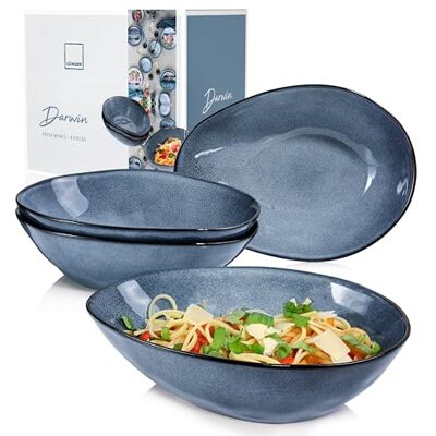 Sänger Pastakommen Darwin van aardewerk, 4-delig, voor 4 personen, inhoud van de schalen, 1000 ml, bordenset in vintage-stijl, blauw, serviesset, porseleinen servies Sänger Pastakommen Darwin van aardewerk, 4-delig, voor 4 personen, inhoud van de schalen, 1000 ml, bordenset in vintage-stijl, blauw, serviesset, porseleinen servies